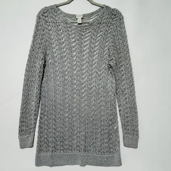 Chico's Metallic Open Knit Top Womens 3 Silver Crochet Tunic Glam Beach Cover Up - Picture 8 of 11